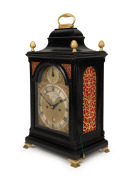 A Georgian spring table clock in ebonized bell-top case with break arch dial, strike silent subsidiary, recessed maker's plate "PAUL RIMBAULT, LONDON", date aperture above the "6" and silver chapter ring with Roman numerals and Arabic minute track. Fusee - 2
