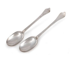 A rare pair of Charles II sterling silver dog nose spoons, made by John King of London, circa 1667-1683, 20cm long, 101 grams total.