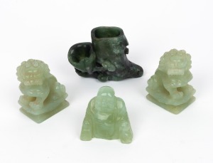 A pair of Chinese jade foo dog statues; together with a jade Buddha statue and a jade vase, (4 items), ​​​​​​​the largest 7cm high.