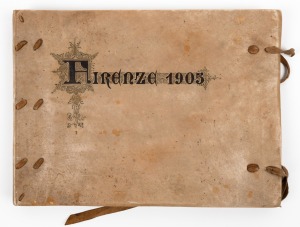 PRINCESS LUISA of FLORENCE antique vellum covered photo album titled "FIRENZE 1905" with hand-written dedication signed by Princess Luisa, plus two tipped in real photograph postcards of Princess Luisa's daughter Princess Monica of Tuscany with her husban