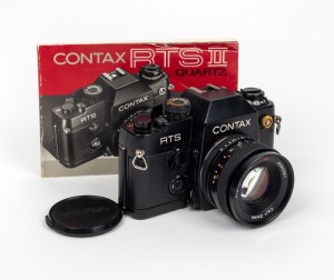 YASHICA: Contax RTS II SLR camera, 50th anniversary edition, with Planar 50mm f1.7 lens, lens cap, and instruction booklet, c. 1982.