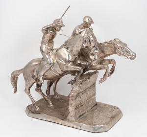 A silvered cast bronze steeplechase statue, late 20th century, 35cm high, 40cm wide, 18cm deep.