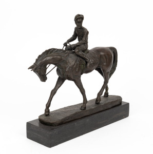 ALDO VITALEH horse and jockey cast bronze statue on black marble base, 20th century, ​​​​​​​29cm high.