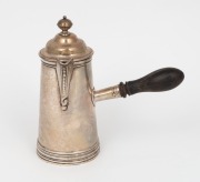 A sterling silver chocolate pot with turned timber handle, 19th/20th century, marks rubbed, 15cm high, 288 grams (including handle).