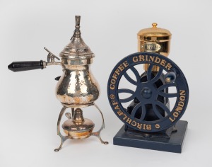 BIRCHLEAF mechanical coffee grinder, together with a silver plated coffee pot with burner, 20th century, 30cm and 32cm high.