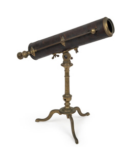 An antique English Gregorian leather covered terrestrial desk telescope, original tripod stand with cabriole legs and well turned and knurled pedestal, original mirror lenses and eye piece, unsigned, circa 1860, the telescope 43cm long including eye piece