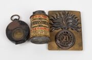 RUNNYMEDE TASMANIA, 21st REGIMENT OF FOOT helmet plate, antique gun case, rifle holster, military compass, bayonet, hunting knife plus an attractive antique military button display affixed to a leather belt. - 12