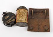 RUNNYMEDE TASMANIA, 21st REGIMENT OF FOOT helmet plate, antique gun case, rifle holster, military compass, bayonet, hunting knife plus an attractive antique military button display affixed to a leather belt. - 13