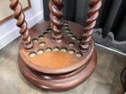 ALCOCK (attributed) handsome antique Australian Tasmanian blackwood revolving billiard cue stand with barley twist supports and lidded urn finials, circa 1870, accompanied by three billiard cues, 126cm high, 59cm diameter. - 7