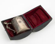 HENRY STEINER antique Australian sterling silver christening mug with engraved decoration and figural handle, housed in original plush fitted box with Henry Steiner branding, 19th century, stamped "H. STEINER" with lion passant and monarch's head, 10cm hi - 3