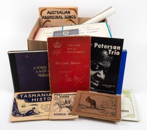 EPHEMERA & COLLECTABLES: Accumulation of assorted ephemera and publications including vintage sheet music with Australian themes, vintage pictorial travel brochures, prints, Melbourne Olympics memorabilia, MacRobertson, antique plates (Captain Cook's Voya
