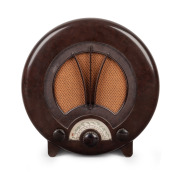 EKCO vintage Art Deco brown bakelite circular mantle radio, 36.5cm high.