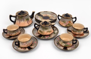 SATSUMA Japanese blue and gilt hand-painted floral tea ware, comprising of four cup and saucer sets, teapot, milk jug and sugar bowl, early 20th century, (15 items), the teapot 9cm high, 18cm wide.