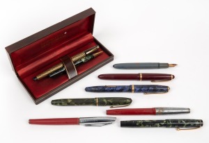 Eight assorted vintage pens including gold nib fountain examples.