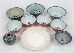 An antique lobed blanc de chine porcelain dish, together with eight assorted antique and vintage bowls and a vase, mixed ages and condition, (10 items), ​​​​​​​the lobed bowl 20cm wide.