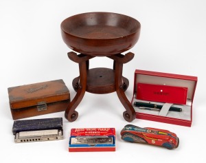 Vintage English tin plate sports car toy, two harmonicas in boxes, a Sheaffer pen in box, dice and playing cards in leather case, and an antique Australian blackwood comport, (qty).