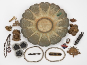 Military badges, buttons, whistle, Launceston Artillery fob, Tasmanian Civilian Defence Legion badge, rising sun hat badge, silver plated presentation dish, etc, (qty)