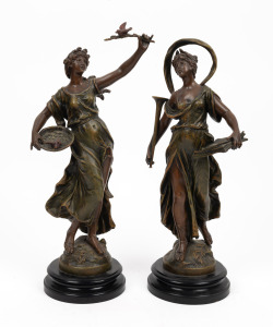 A pair of vintage spelter statues representing two of the four seasons, 20th century, ​​​​​​​41cm high.