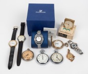 Assorted pocket watches, wristwatches, stopwatch and clock. Of Note: An attractive vintage Omega Dynamic automatic, vintage 9ct gold cased example and a Swarovski dress watch. Mixed vintages and condition, (10 items).