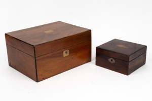 An antique English walnut jewellery box with fitted interior, bearing ownership plaque to top "Pres.td. to MISS C. FLETCHER on her 21st Birthday, March 16th, 1905"; together with a small antique timber box with inlaid diamond lozenge top, 19th/20th centur