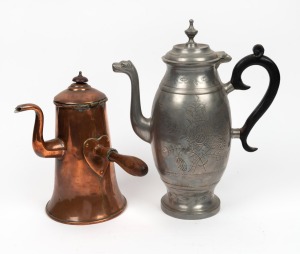 An antique English copper coffee pot, together with an attractive Belgian pewter coffee pot, 19th/20th century, 26cm and 35cm high.