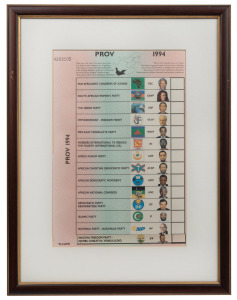END OF APARTHEID: Original 1994 South African General Election ballot paper, framed and glazed, 42 x 33cm overall. Nelson Mandela's portrait appears fifth from bottom, and instructions at top appear in the eleven official languages of the then newly const