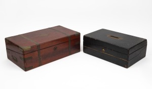 An antique leather fitted writing slope; together with an antique brass bound mahogany writing slope, mid 19th century, (2 items), 36cm and 46cm wide.