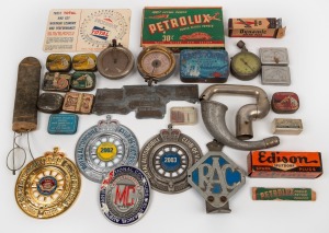 Vintage gramophone needles, tins and heads, vintage advertising wares, spark plugs, automotive car badges and antique spectacles, (qty).