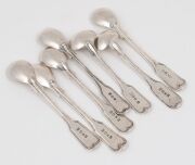 Antique Colonial Australian silver fiddle and thread pattern parfait and mustard spoons with engraved owner's gothic "F" initial, mid 19th century, (7 items), each stamped with the letter "K", kangaroo, crown, and monarch's head, 11.5cm and 10cm long, 107 - 2