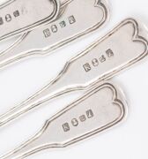 Antique Colonial Australian silver fiddle and thread pattern parfait and mustard spoons with engraved owner's gothic "F" initial, mid 19th century, (7 items), each stamped with the letter "K", kangaroo, crown, and monarch's head, 11.5cm and 10cm long, 107 - 3