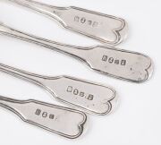 Antique Colonial Australian silver fiddle and thread pattern parfait and mustard spoons with engraved owner's gothic "F" initial, mid 19th century, (7 items), each stamped with the letter "K", kangaroo, crown, and monarch's head, 11.5cm and 10cm long, 107 - 4
