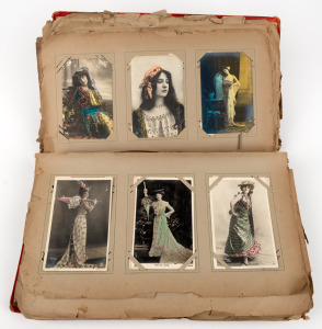 POSTCARDS, an antique red cloth bound old album (in dilapidated state) housing an interesting array of cards including English, Japanese, American, starlets, novelty, etc, (qty)