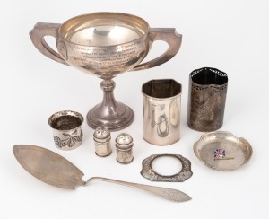 Sterling silver trophy cup, together with an assorted lot of sterling silver holders, cake slice, condiments, dish, etc, (qty), ​​​​​​​600 grams total.