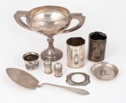 Sterling silver trophy cup, together with an assorted lot of sterling silver holders, cake slice, condiments, dish, etc, (qty), ​​​​​​​600 grams total.