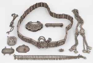 Eastern silver jewellery, tribal coin silver belt, chains, etc. 602 grams total.