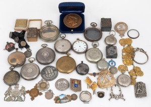 Assorted antique fob watch cases and parts, military badges, medals, printing blocks, etc, mixed vintages, (qty)