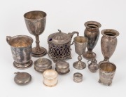 Assorted sterling silver items including a Georgian mustard pot, a presentation goblet, christening mug, napkin ring, etc, mixed vintages, (13 items), 716 grams (not including glass liner or pieces with weighted bases)
