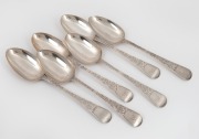 Set of six antique English sterling silver tablespoons with bright cut decoration, made in London, circa 1863, 21.5cm long, 280 grams total.