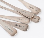 Set of six antique English sterling silver tablespoons with bright cut decoration, made in London, circa 1863, 21.5cm long, 280 grams total. - 2