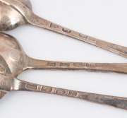 Five assorted antique sterling silver tablespoons including an 18th century Channel Islands rat-tail Hanoverian example, the largest 21.5cm long, 292 grams total. - 2