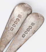 Five assorted antique sterling silver tablespoons including an 18th century Channel Islands rat-tail Hanoverian example, the largest 21.5cm long, 292 grams total. - 3