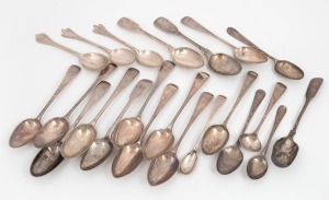 Twenty two assorted antique sterling silver teaspoons, and condiment spoons, 335 grams total.