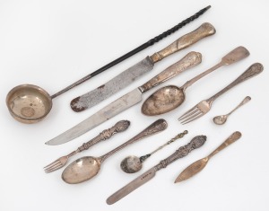 A Georgian silver and baleen toddy ladle, silver handled cutlery and utensils, Russian silver tablespoon, and assorted silver flatware, mixed vintages and origins, (11 items), 162 grams (not including hollow handled pieces or baleen).