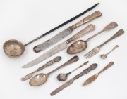 A Georgian silver and baleen toddy ladle, silver handled cutlery and utensils, Russian silver tablespoon, and assorted silver flatware, mixed vintages and origins, (11 items), 162 grams (not including hollow handled pieces or baleen).