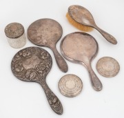 Sterling silver vanity ware comprising of three hand mirrors, a brush, two powder compacts and a hobnail cut crystal jar, mixed vintages, (7 items), ​​​​​​​the largest 26cm high.