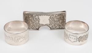 STOKES & SONS pair of antique Australian silver napkin rings, together with an antique English sterling silver calling card holder, 19th/20th century, (3 items), 98 grams total.