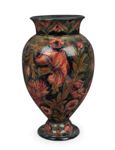 MOORCROFT "Spanish" pattern exhibition vase on celadon green ground, signed in green "Moorcroft, 1914", an imposing 46.5cm high.