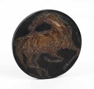 A vintage bronze double sided horse medallion, signed "DEBUS", 8cm diameter.
