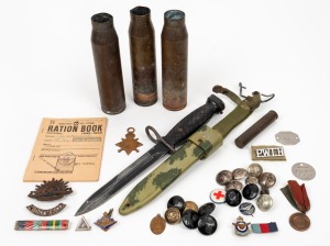 MILITARY GROUP comprising of ration book, badges, dog tags, bullet casings, buttons and Vietnam era bayonet, (qty).