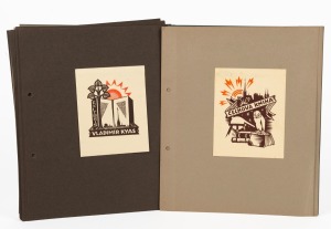 BOOKPLATES: Group of more than thirty early 20th century Eastern European bookplates, mostly in Czech, hinged onto album pages.